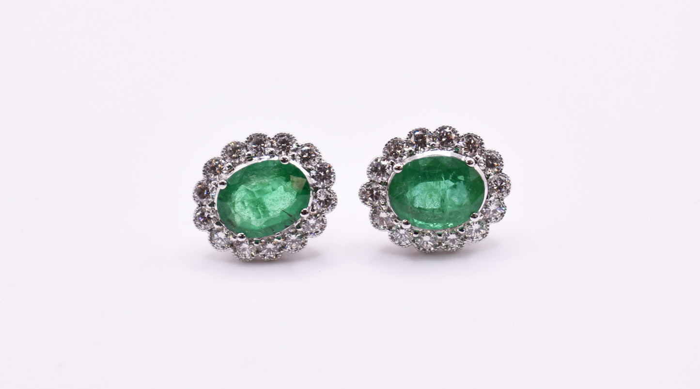 Pair of 18k White Gold Emerald & Diamond Earrings