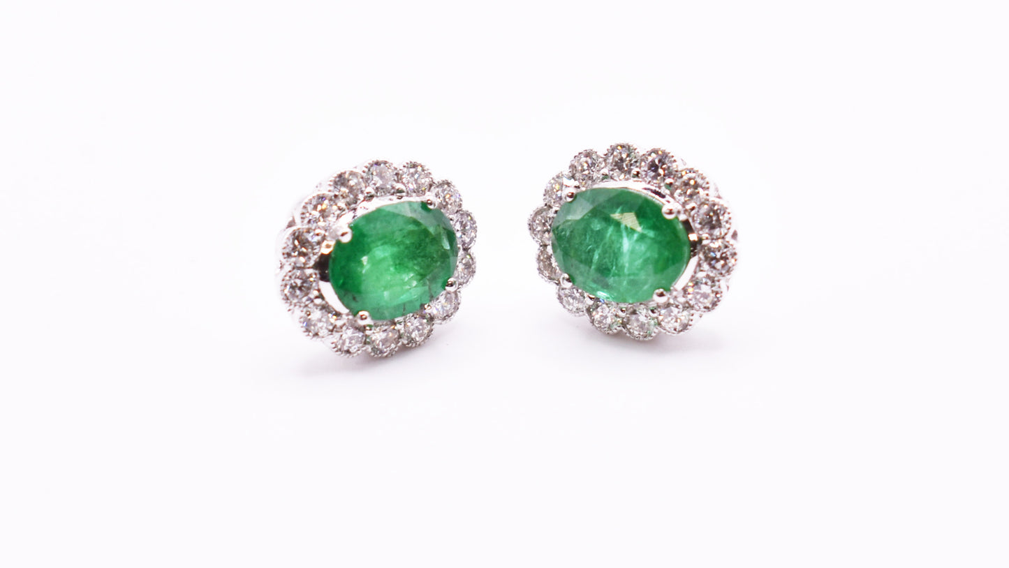 Pair of 18k White Gold Emerald & Diamond Earrings