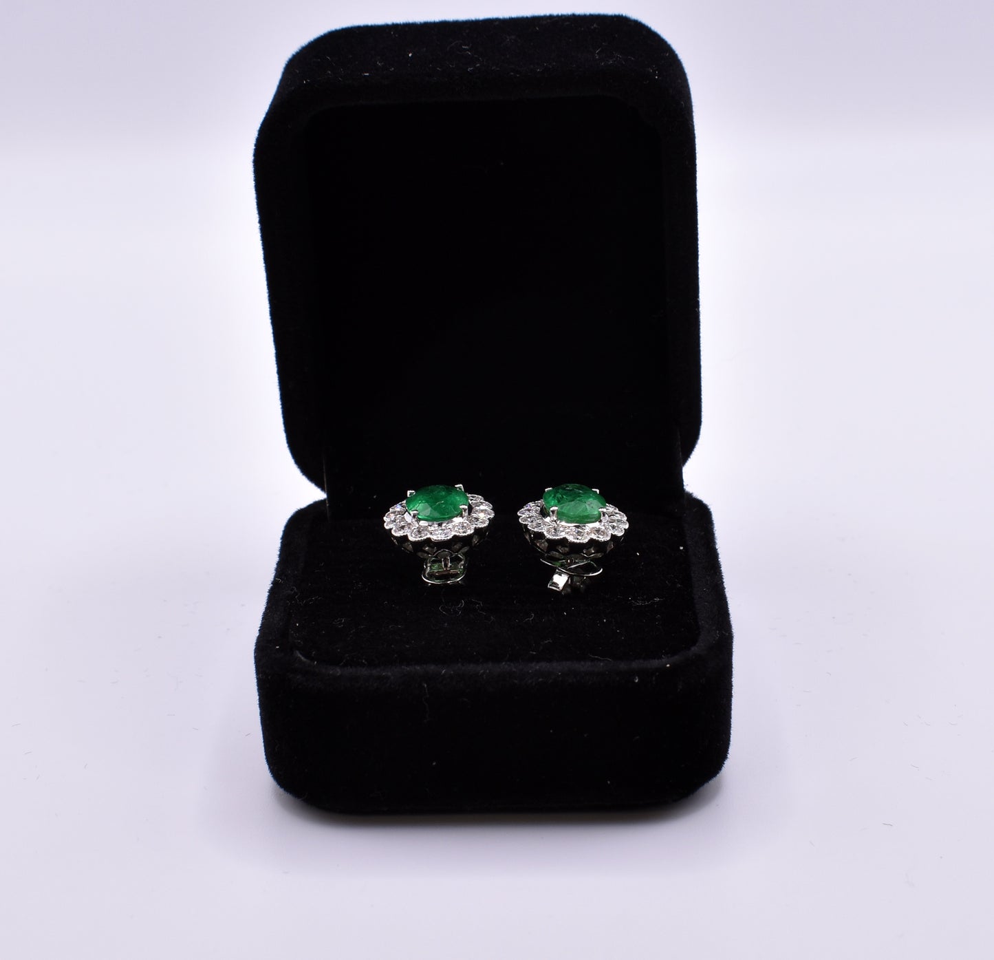 Pair of 18k White Gold Emerald & Diamond Earrings