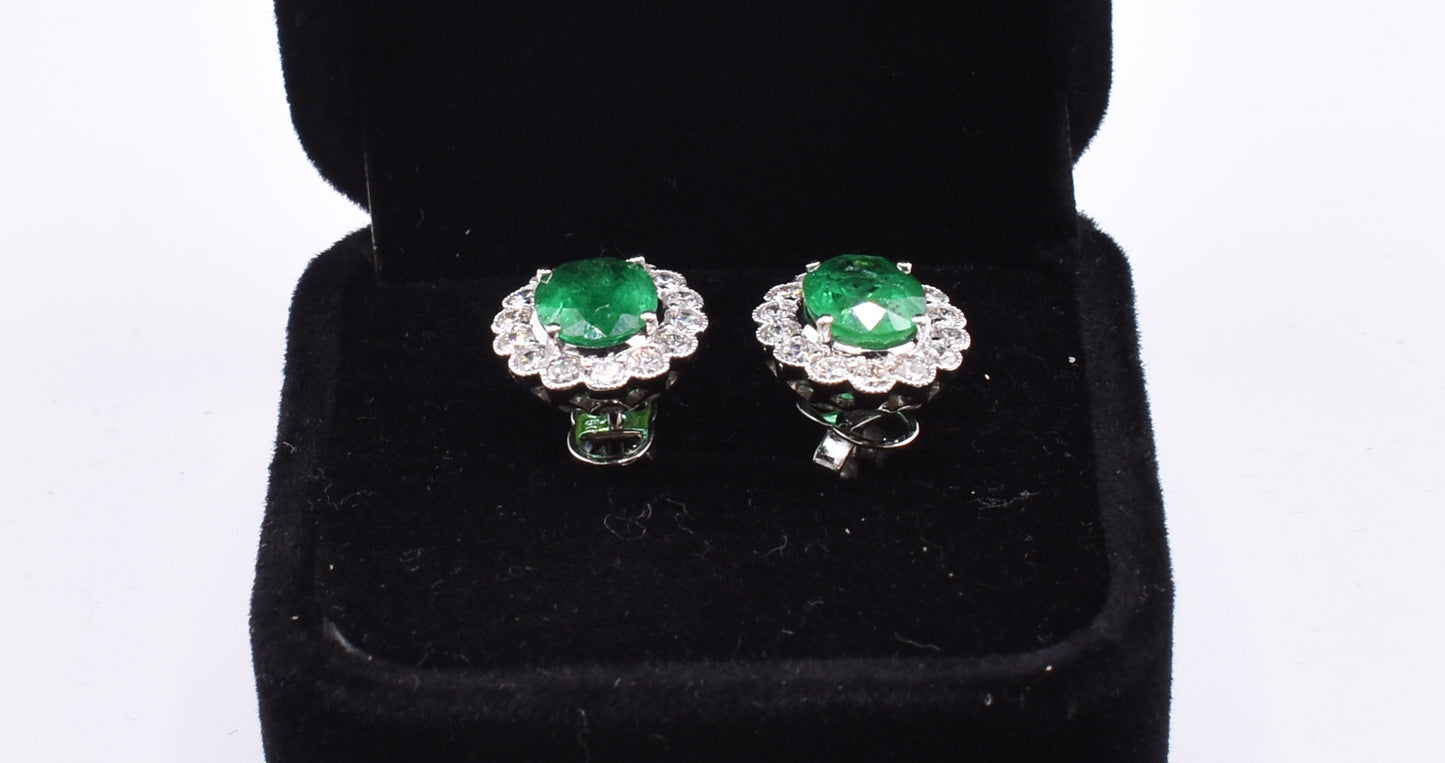 Pair of 18k White Gold Emerald & Diamond Earrings