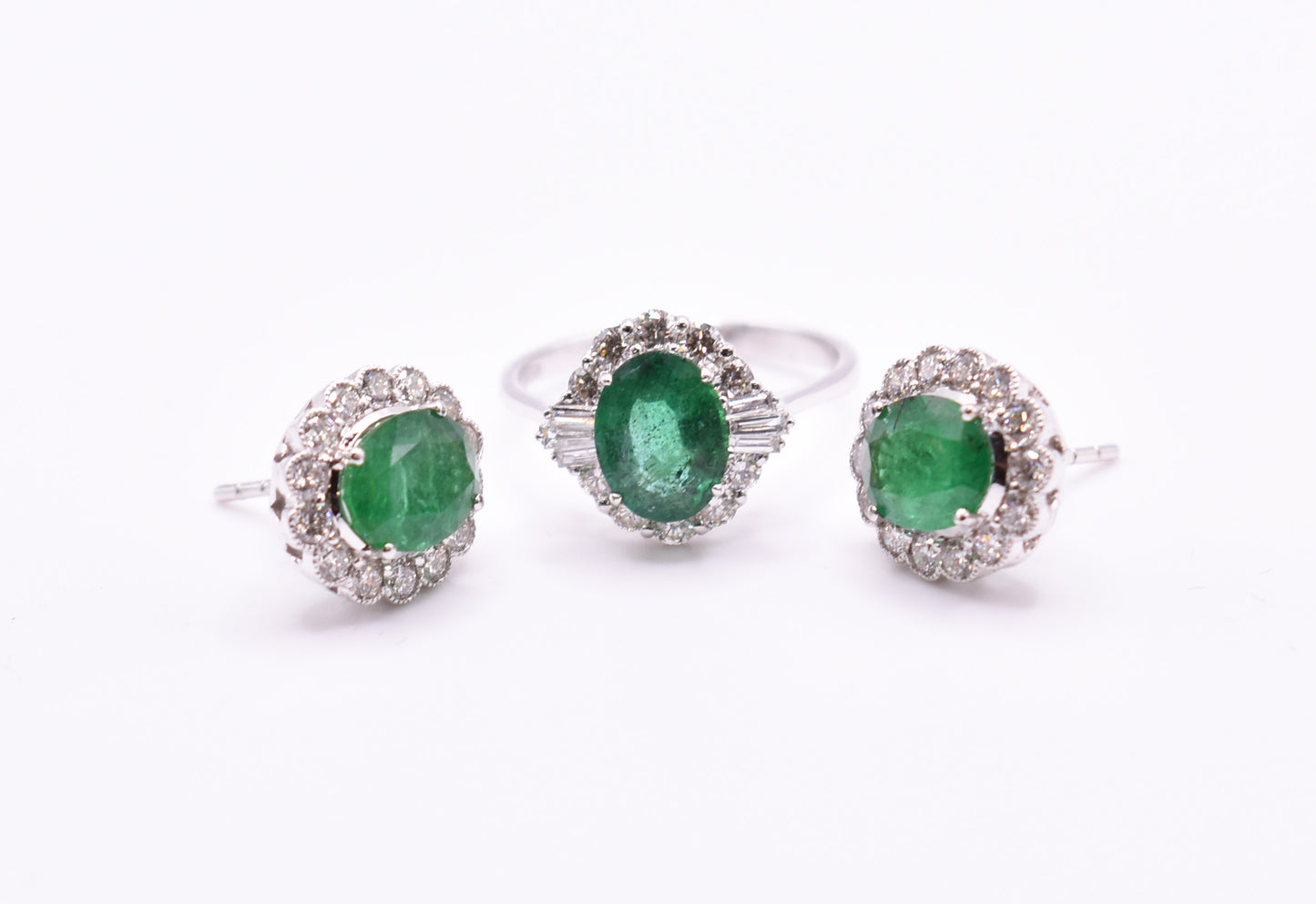 Pair of 18k White Gold Emerald & Diamond Earrings