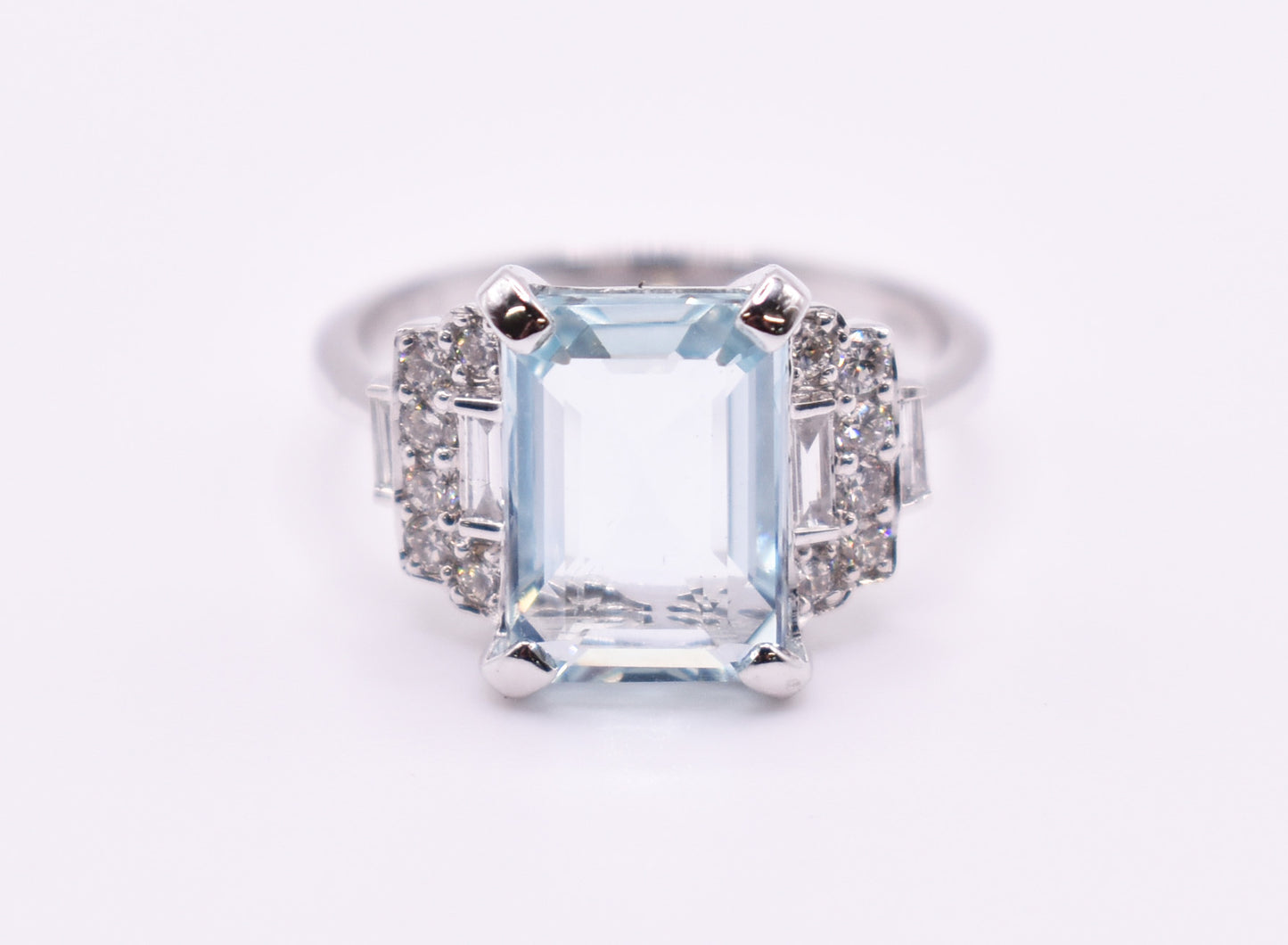 Art Deco Style 18k White Gold Aquamarine & Diamond Ring