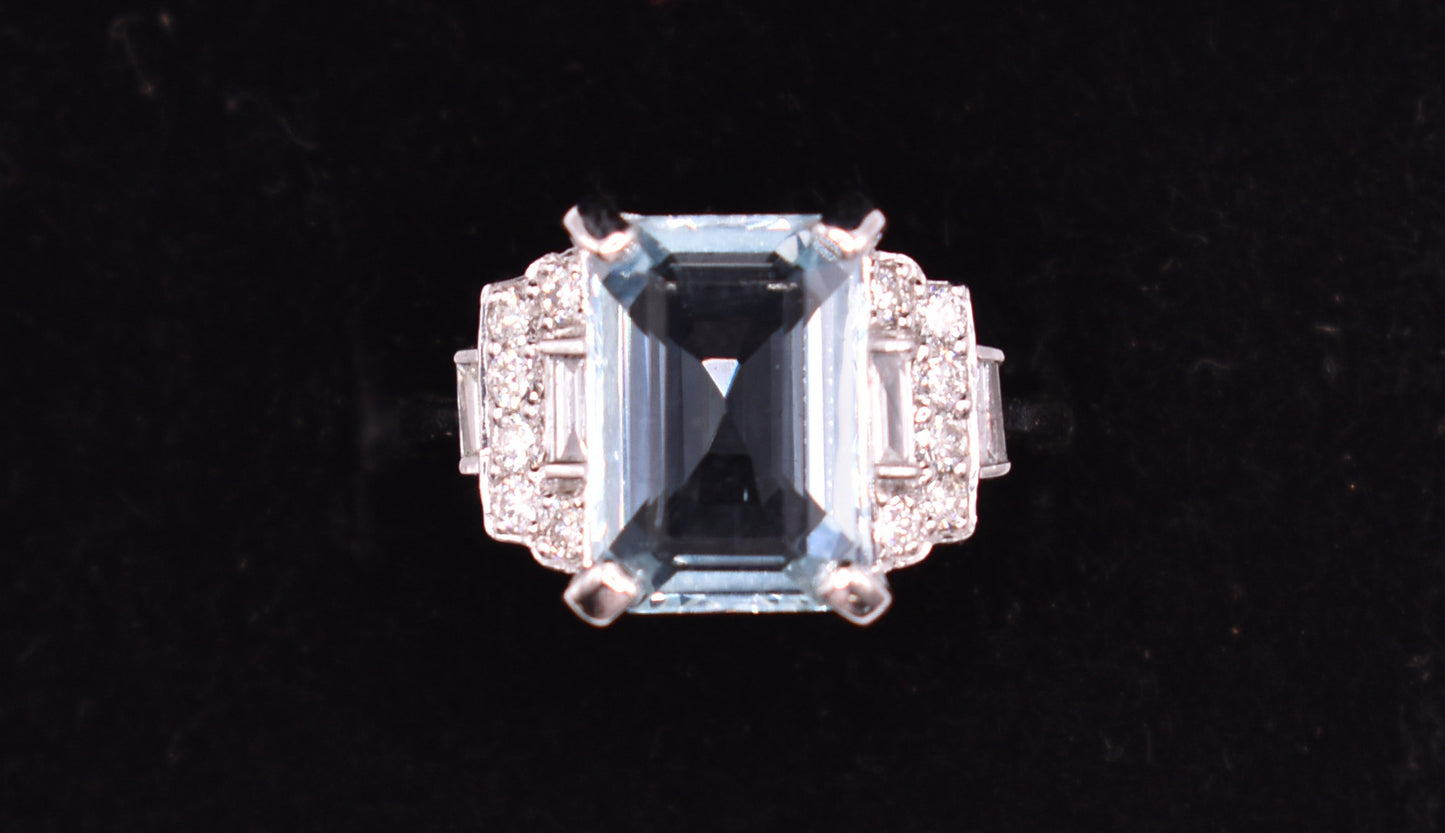 Art Deco Style 18k White Gold Aquamarine & Diamond Ring