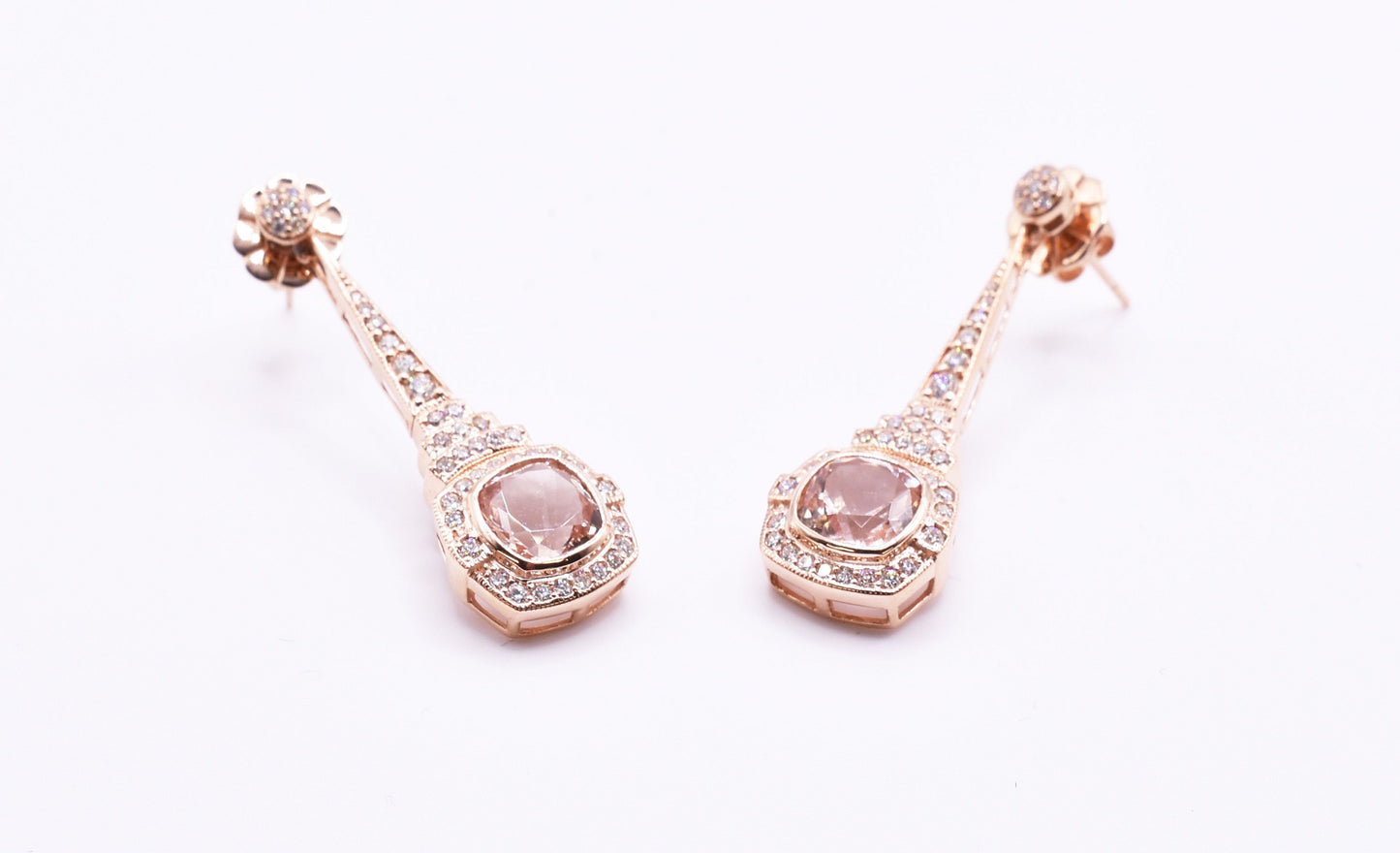 Pair of Art Deco Style 18k Rose Gold Morganite & Diamond Drop Earrings