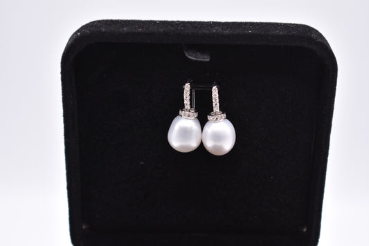 Pair of 18k White Gold Pearl & Diamond Earrings