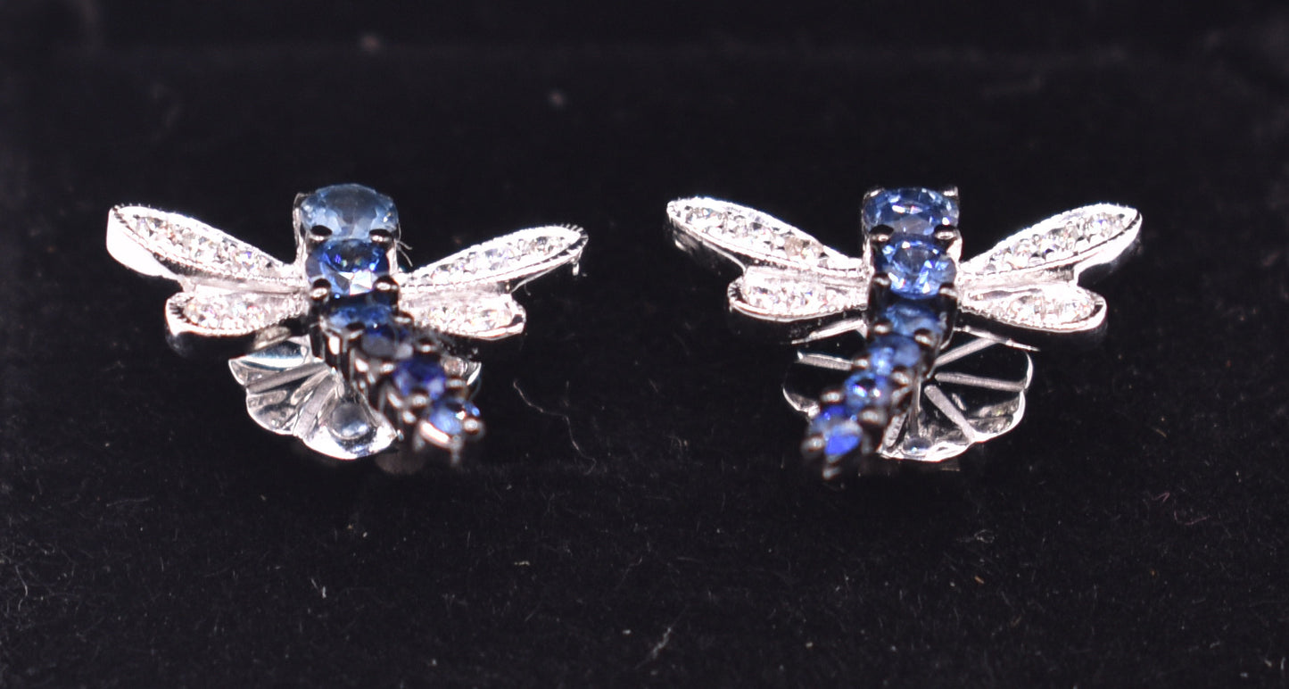 Pair of 18K White Gold Diamond & Sapphire Dragon Fly Earrings