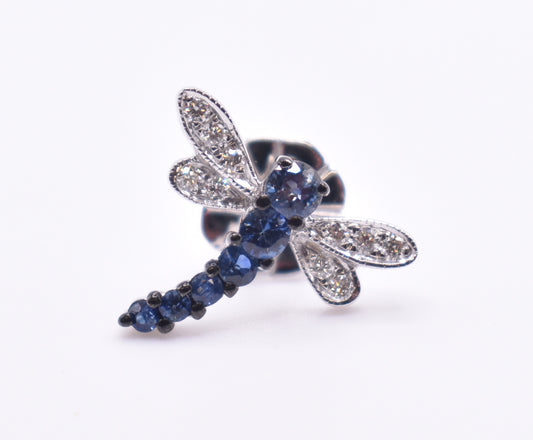 Pair of 18K White Gold Diamond & Sapphire Dragon Fly Earrings