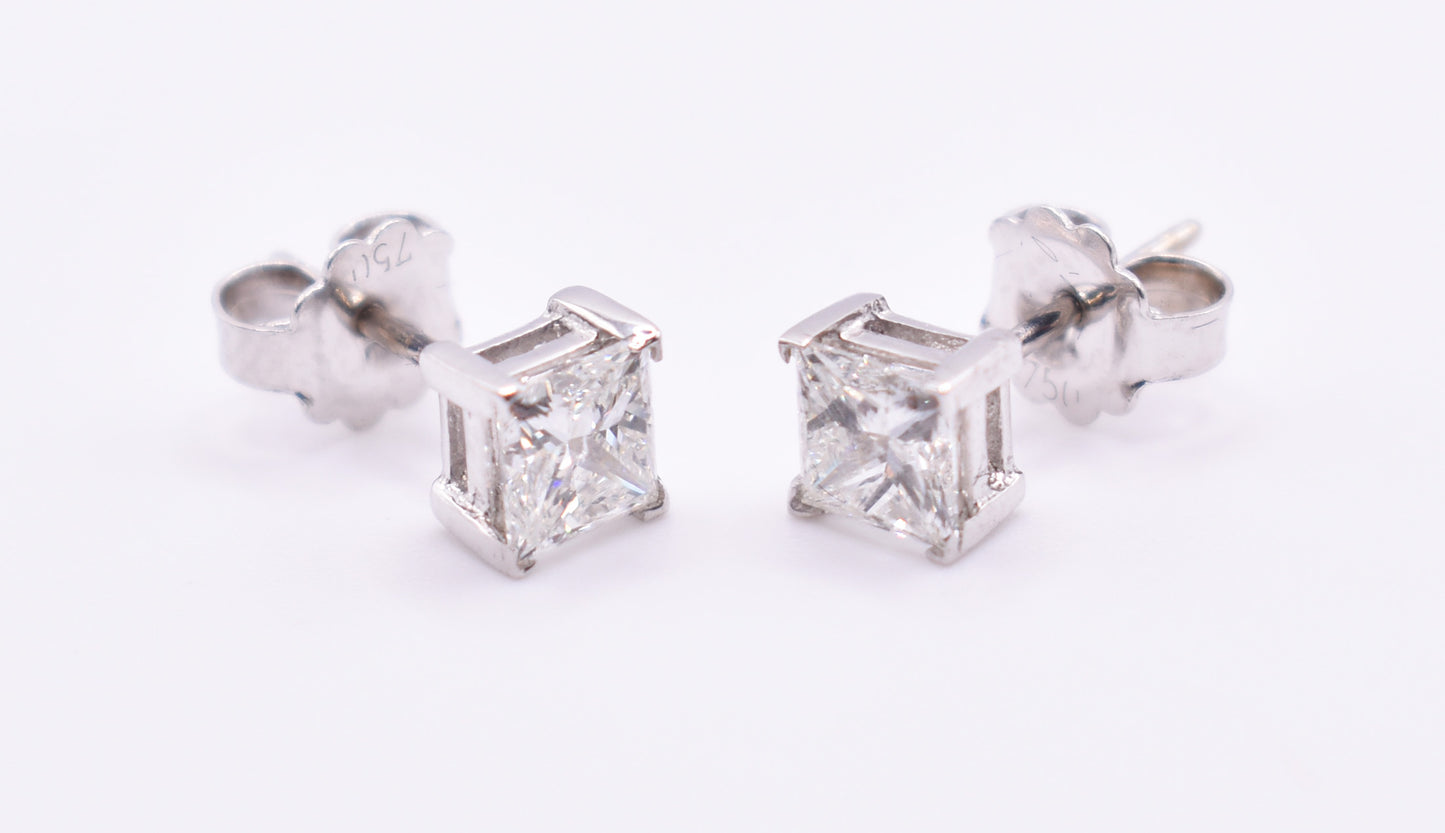 GIA Certified 18k White Gold 1.60ct Pair of Princess Cut Diamond Earrings